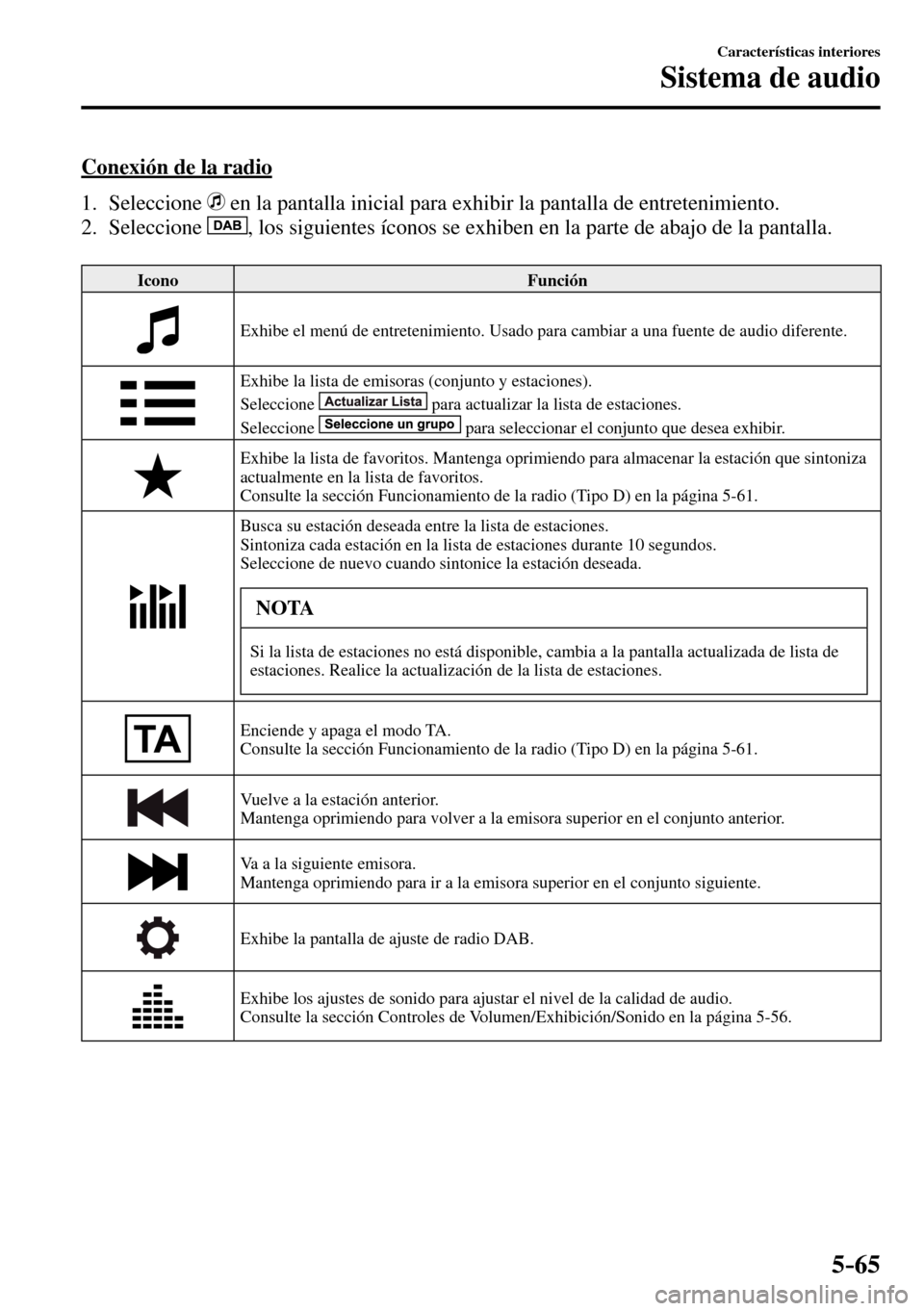 MAZDA MODEL 3 HATCHBACK 2016  Manual del propietario (in Spanish) 5–65
Características interiores
Sistema de audio
  Conexión de la radio
     1.   Seleccione   
  en la pantalla inicial para exhibir la pantalla de entretenimiento.
   2.   Seleccione   
 , los s