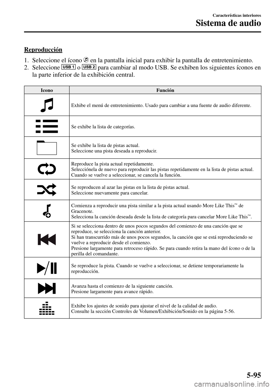 MAZDA MODEL 3 HATCHBACK 2016 Manual del propietario (in Spanish) 5–95
Características interiores
Sistema de audio
Reproducción
1. Seleccione el ícono
en la pantalla inicial para exhibir la pantalla de entretenimiento.
2. Seleccione
o MAZDA MODEL 3 HATCHBACK 2016 Manual del propietario (in Spanish) 5–95
Características interiores
Sistema de audio
Reproducción
1. Seleccione el ícono
en la pantalla inicial para exhibir la pantalla de entretenimiento.
2. Seleccione
o