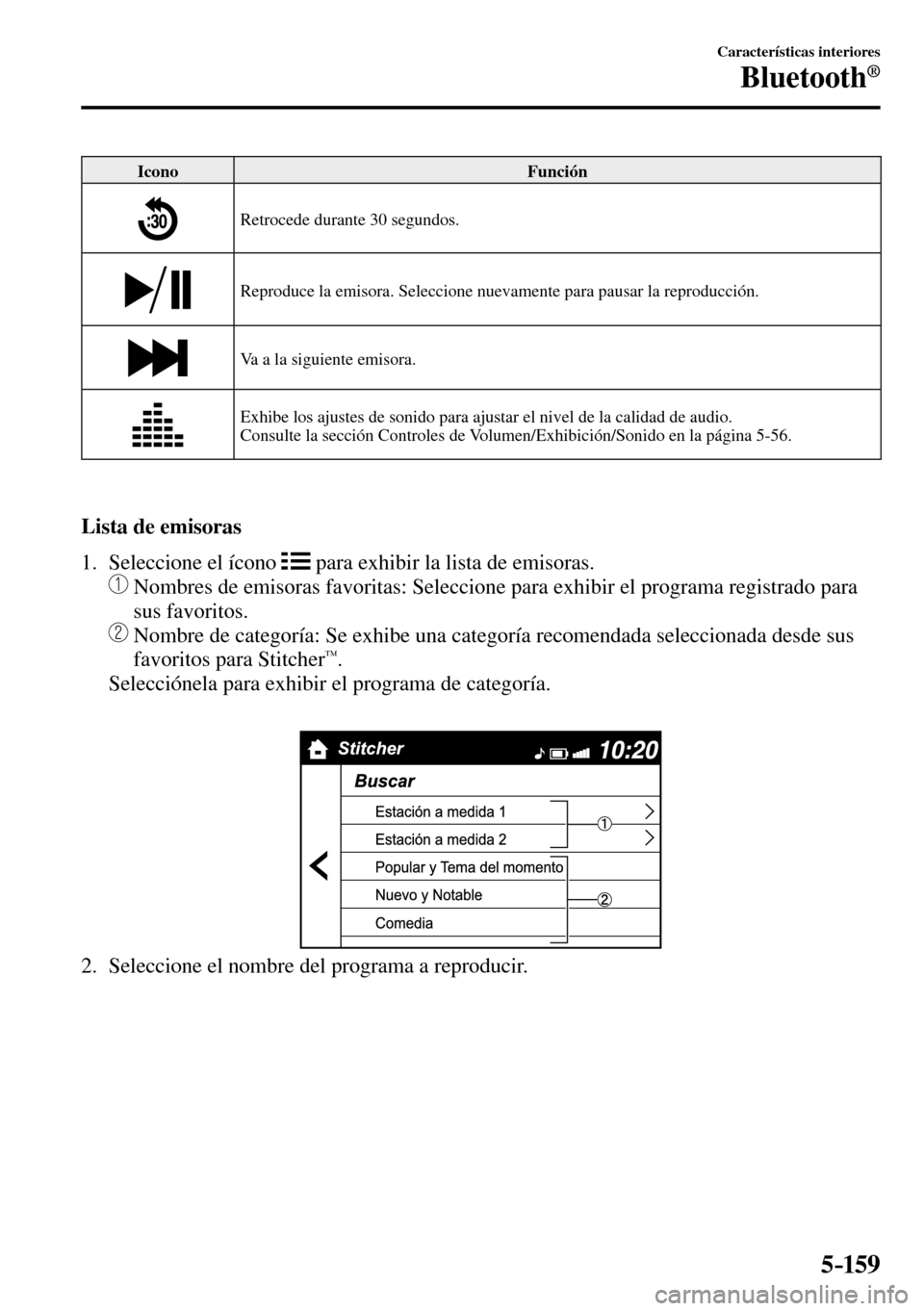 MAZDA MODEL 3 HATCHBACK 2016  Manual del propietario (in Spanish) 5–159
Características interiores
Bluetooth®
 Icono   Función 
 Retrocede durante 30 segundos. 
 Reproduce la emisora. Seleccione nuevamente para pausar la reproducción. 
 Va a la siguiente emiso