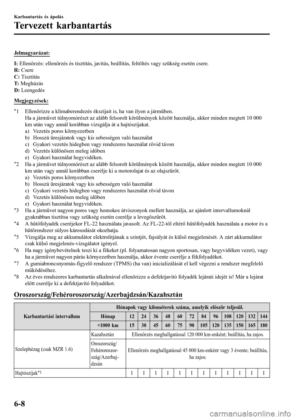 MAZDA MODEL 3 HATCHBACK 2016  Kezelési útmutató (in Hungarian) Jelma gya rázat :
I: Ellenőrzés: ellenőrzés és tisztítás, javítás, beállítás, feltöltés vagy szükség esetén csere.
R: Csere
C: Tisztítás
T: Meghúzás
D: Leengedés
Megjegyzések:

