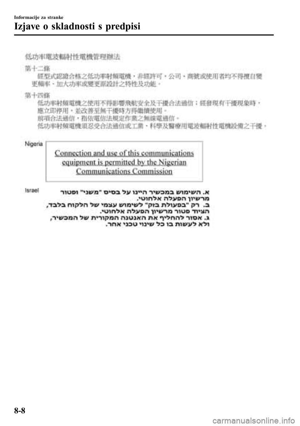 MAZDA MODEL 3 HATCHBACK 2016  Priročnik za lastnika (in Slovenian) Informacije za stranke
Izjave o skladnosti s predpisi
8-8 