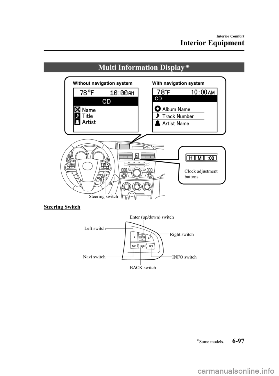 MAZDA MODEL 3 HATCHBACK 2010  Owners Manual (in English) Black plate (321,1)
Multi Information Displayí
Steering switch
Without navigation system With navigation system
Clock adjustment 
buttons
Steering Switch
Left switch
Right switch
Navi switch
BACK swi