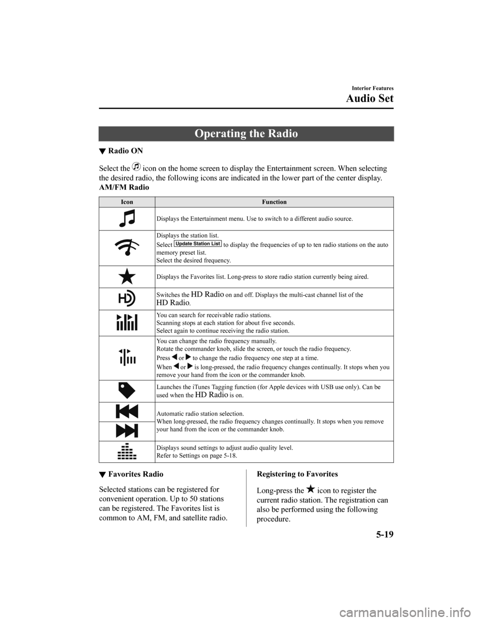 MAZDA MODEL 6 2020 Owners Manual (in English) Operating the Radio
▼Radio ON
Select the icon on the home screen to disp
lay the Entertainment screen. When selecting
the desired radio, the following icons are indicated in the low er part of the MAZDA MODEL 6 2020 Owners Manual (in English) Operating the Radio
▼Radio ON
Select the icon on the home screen to disp
lay the Entertainment screen. When selecting
the desired radio, the following icons are indicated in the low er part of the