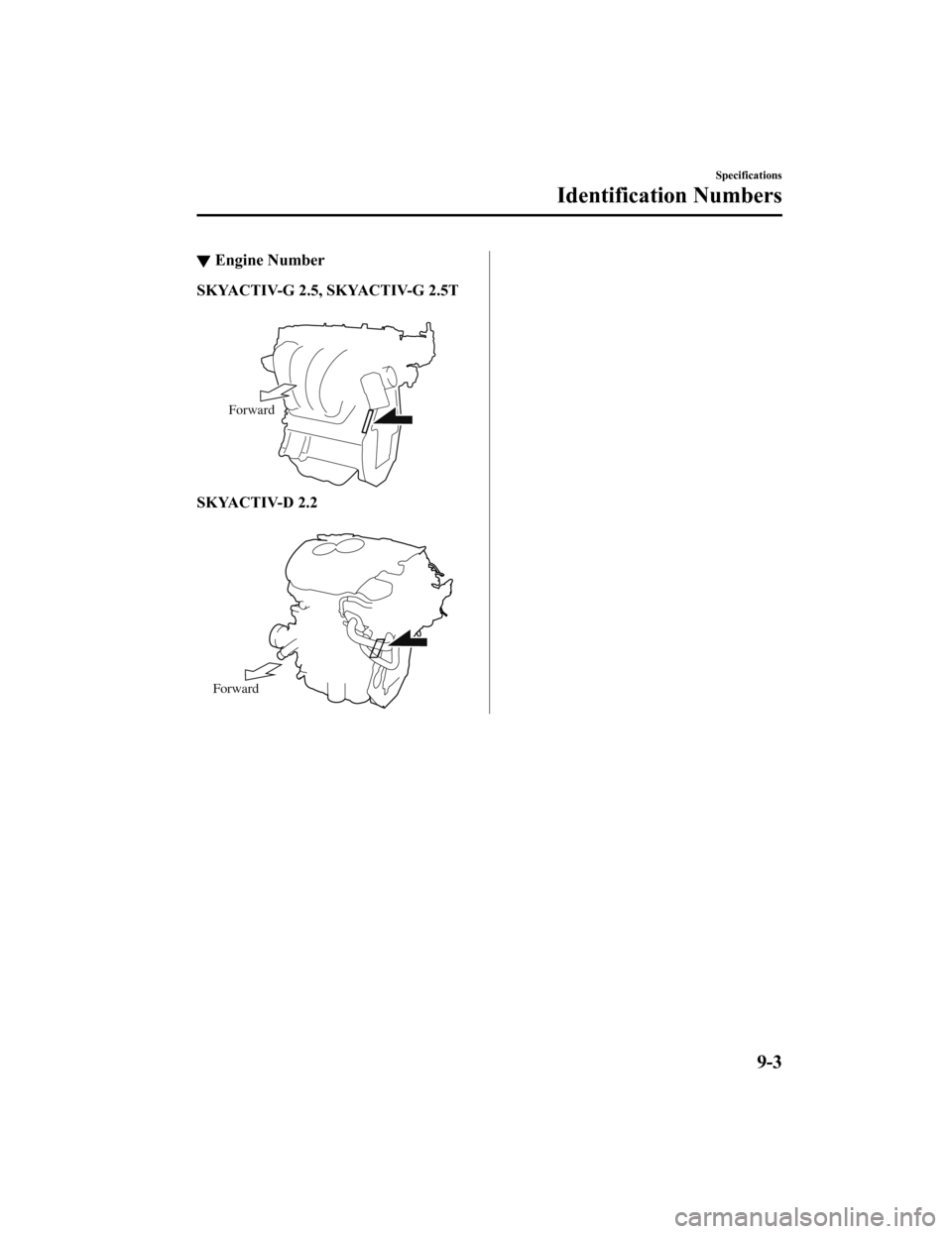 MAZDA MODEL 6 2020  Owners Manual (in English) ▼Engine Number
SKYACTIV-G 2.5, SKYACTIV-G 2.5T
 
Forward
SKYACTIV-D 2.2
 
Forward
Specifications
Identification Numbers
9-3
Mazda6_8HX3-EA-19I_Edition1_old
2019-6-18 9:25:17 