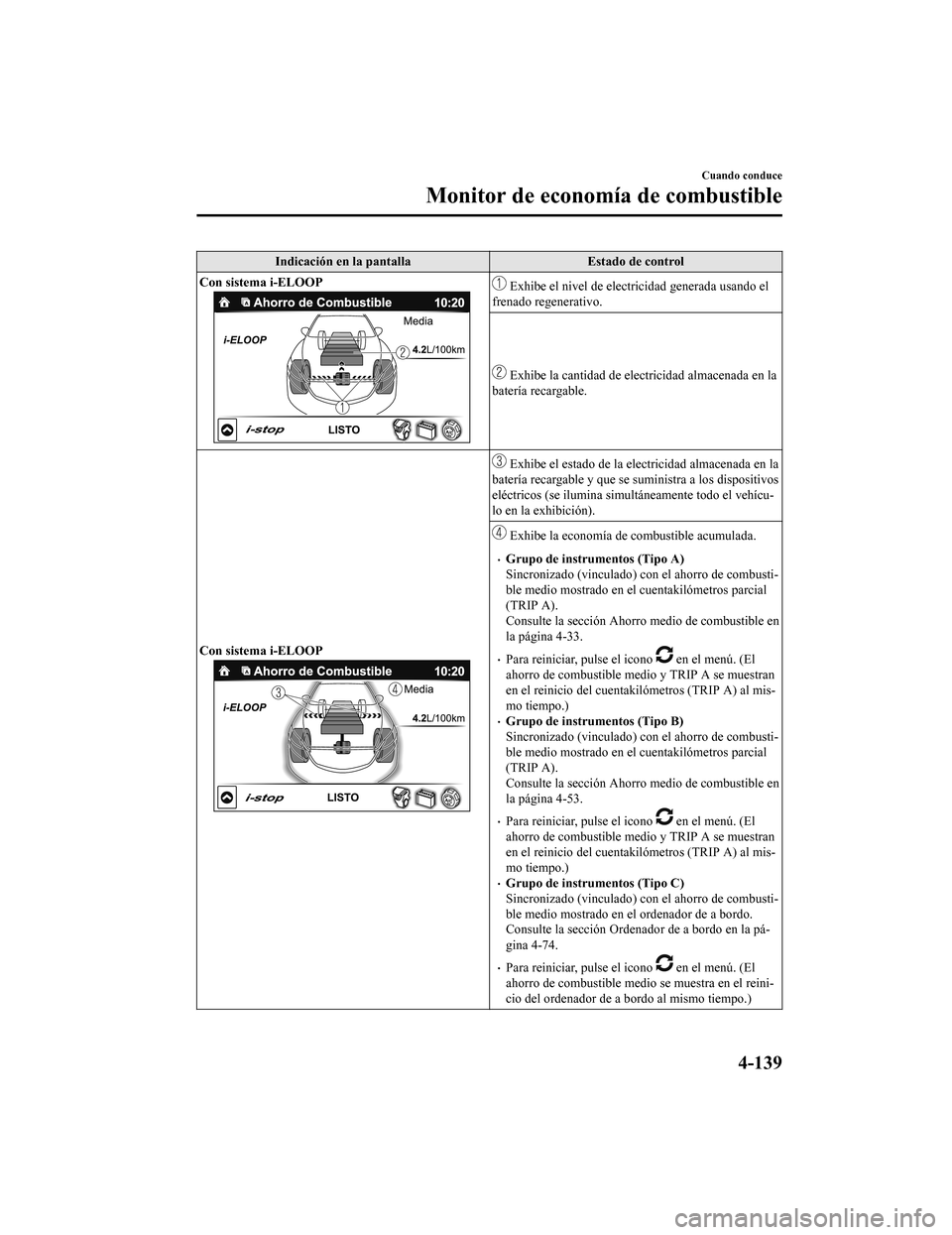MAZDA MODEL 6 2020  Manual del propietario (in Spanish) Indicación en la pantalla Estado de control
Con sistema i-ELOOP
 Exhibe el nivel de electricidad generada usando el
frenado regenerativo.
 Exhibe la cantidad de electricidad almacenada en la
batería