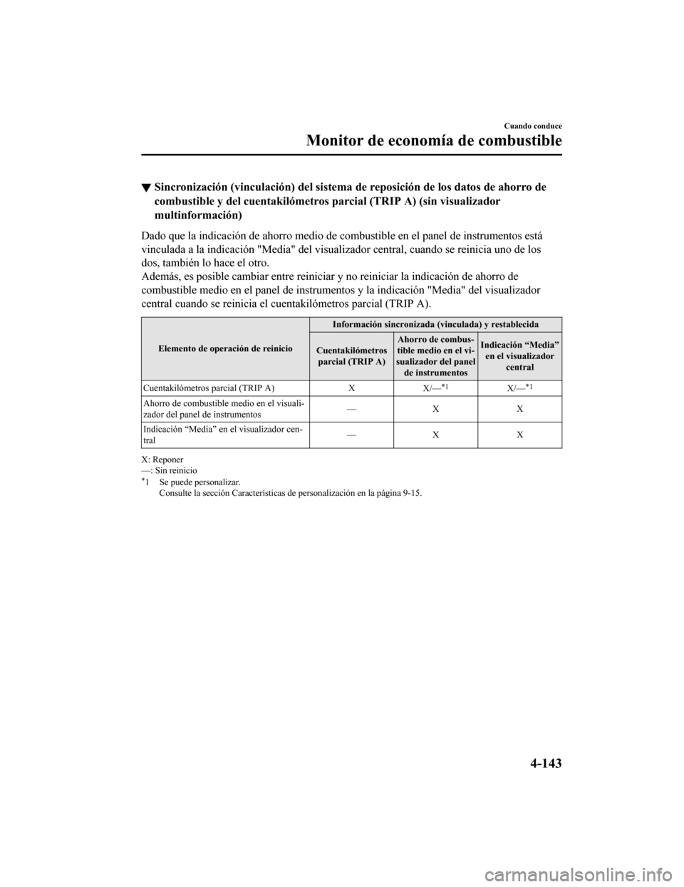 MAZDA MODEL 6 2020  Manual del propietario (in Spanish) ▼Sincronización (vinculación) del
 sistema de reposición de los datos de ahorro de
combustible y del cuentakilómetr os parcial (TRIP A) (sin visualizador
multinformación)
Dado que la indicació