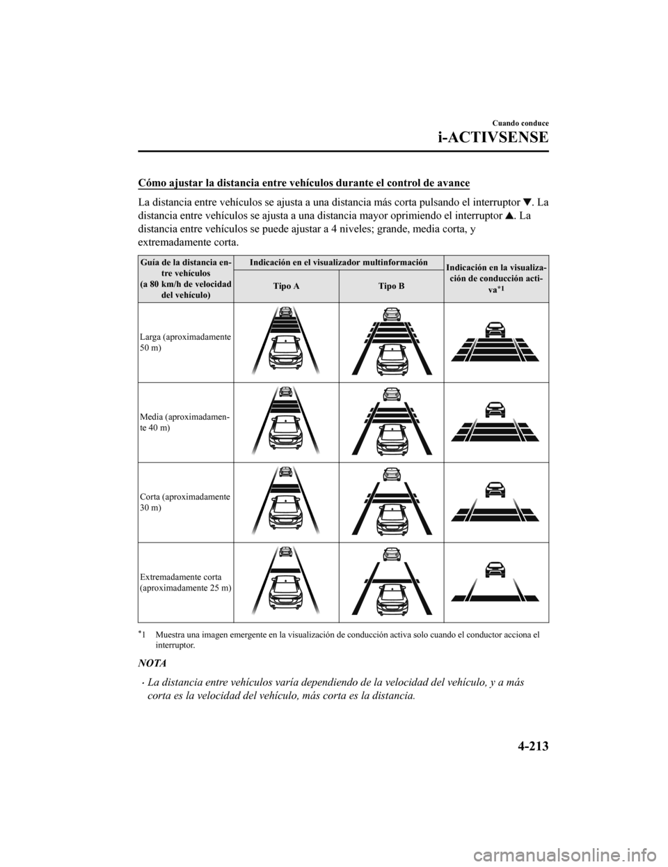 MAZDA MODEL 6 2020  Manual del propietario (in Spanish) Cómo ajustar la distancia entre vehículos durante el control de avance
La distancia entre vehículos se ajusta a una distancia más corta pulsando el interruptor . La
distancia entre vehículos se a