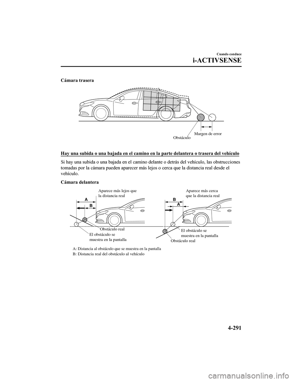MAZDA MODEL 6 2020  Manual del propietario (in Spanish) Cámara trasera
ObstáculoMargen de error
 
Hay una subida o una bajada en el camino en la parte delantera 
o trasera del vehículo
Si hay una subida o una bajada en el camino delante o detrás del ve