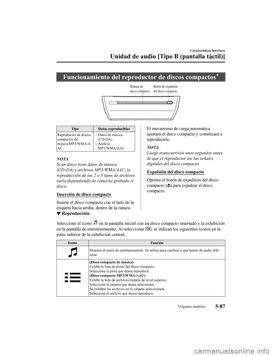MAZDA MODEL 6 2020 Manual del propietario (in Spanish) Funcionamiento del reproductor de discos compactos*
Ranura de
disco compactoBotón de expulsión
del disco compacto
Tipo Datos reproducibles
Reproductor de discos
compactos de
música/MP3/WMA/A
AC
MAZDA MODEL 6 2020 Manual del propietario (in Spanish) Funcionamiento del reproductor de discos compactos*
Ranura de
disco compactoBotón de expulsión
del disco compacto
Tipo Datos reproducibles
Reproductor de discos
compactos de
música/MP3/WMA/A
AC