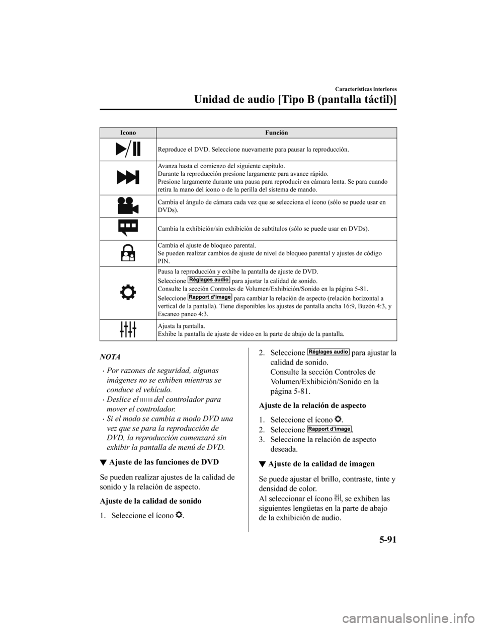 MAZDA MODEL 6 2020  Manual del propietario (in Spanish) IconoFunción
Reproduce el DVD. Seleccione nuevamente para pausar la reproduc ción.
Avanza hasta el comienzo del siguiente capítulo.
Durante la reproducción presione  largamente para avance rápido