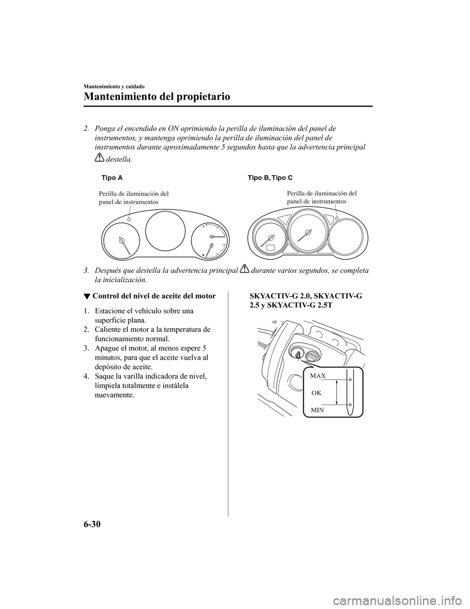 MAZDA MODEL 6 2020  Manual del propietario (in Spanish) 2. Ponga el encendido en ON oprimiendo la perilla de iluminación del panel deinstrumentos, y mantenga oprimiendo la perilla de iluminación del panel de
instrumentos durante aproximadamente 5 se gund
