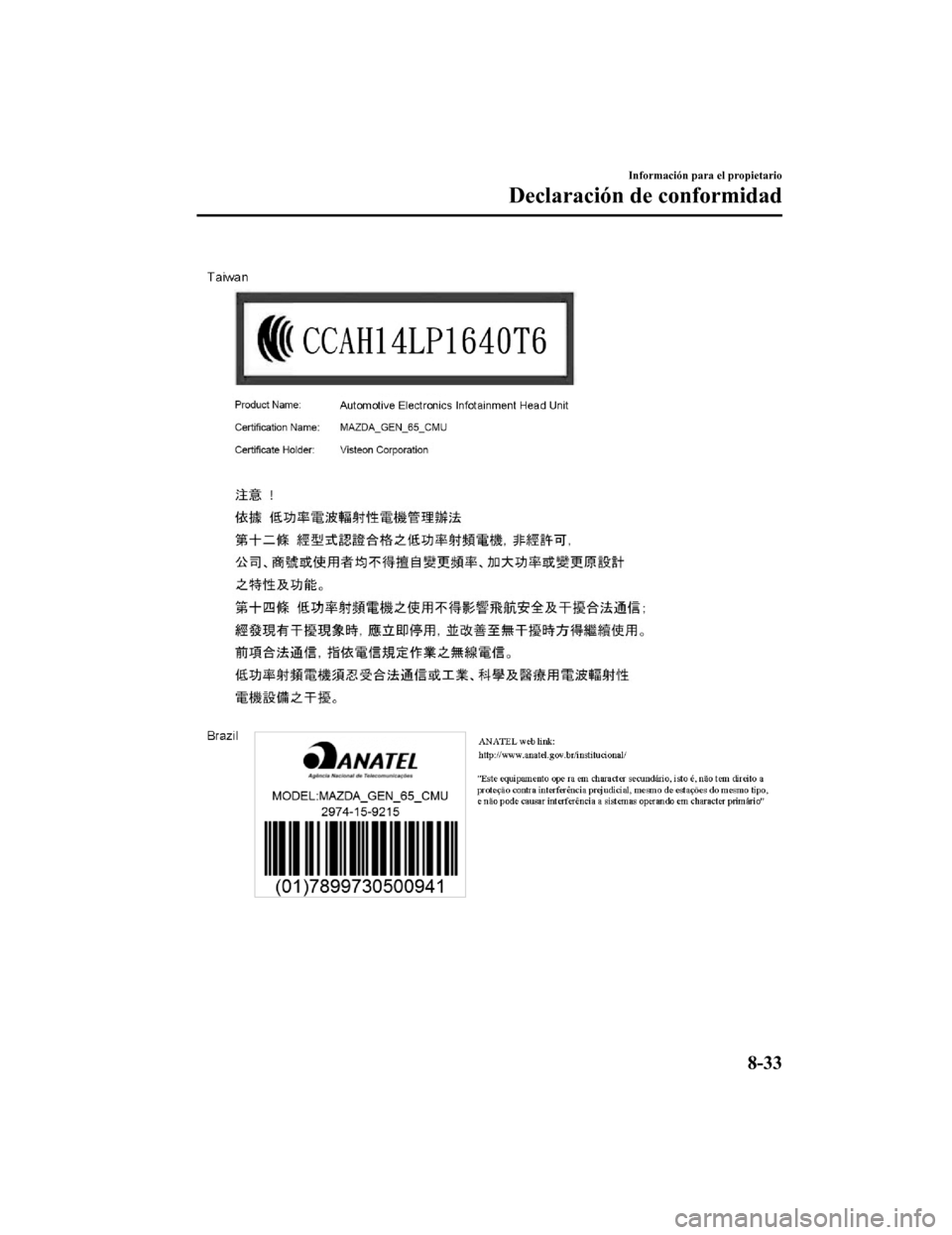 MAZDA MODEL 6 2020  Manual del propietario (in Spanish) Información para el propietario
Declaración de conformidad
8-33
Mazda6_8GK5-SP-18C_Edition12018-2-27 17:57:56 