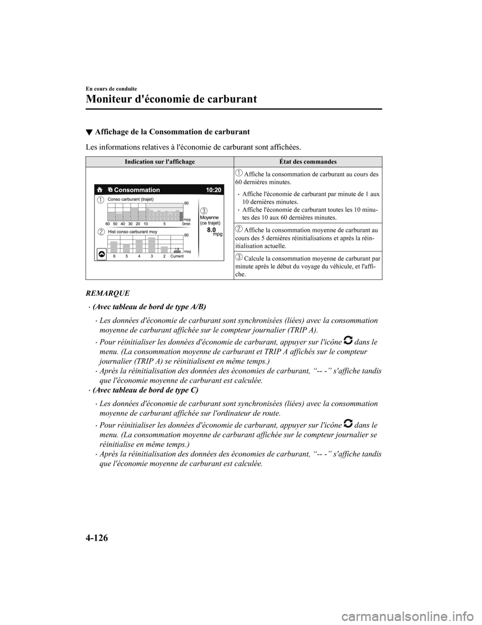 MAZDA MODEL 6 2020  Manuel du propriétaire (in French) ▼Affichage de la Consommation de carburant
Les informations relatives à léconomie de carburant sont affic
hées.
Indication sur laffichageÉtat des commandes
 Affiche la consommation de carburan