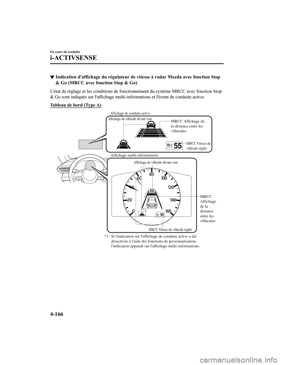 MAZDA MODEL 6 2020  Manuel du propriétaire (in French) ▼Indication daffichage du régulat
eur de vitesse à radar Mazda avec fonction Stop
& Go (MRCC avec fonction Stop & Go)
Létat de réglage et les conditions de fonctionnement du systèm e MRCC ave