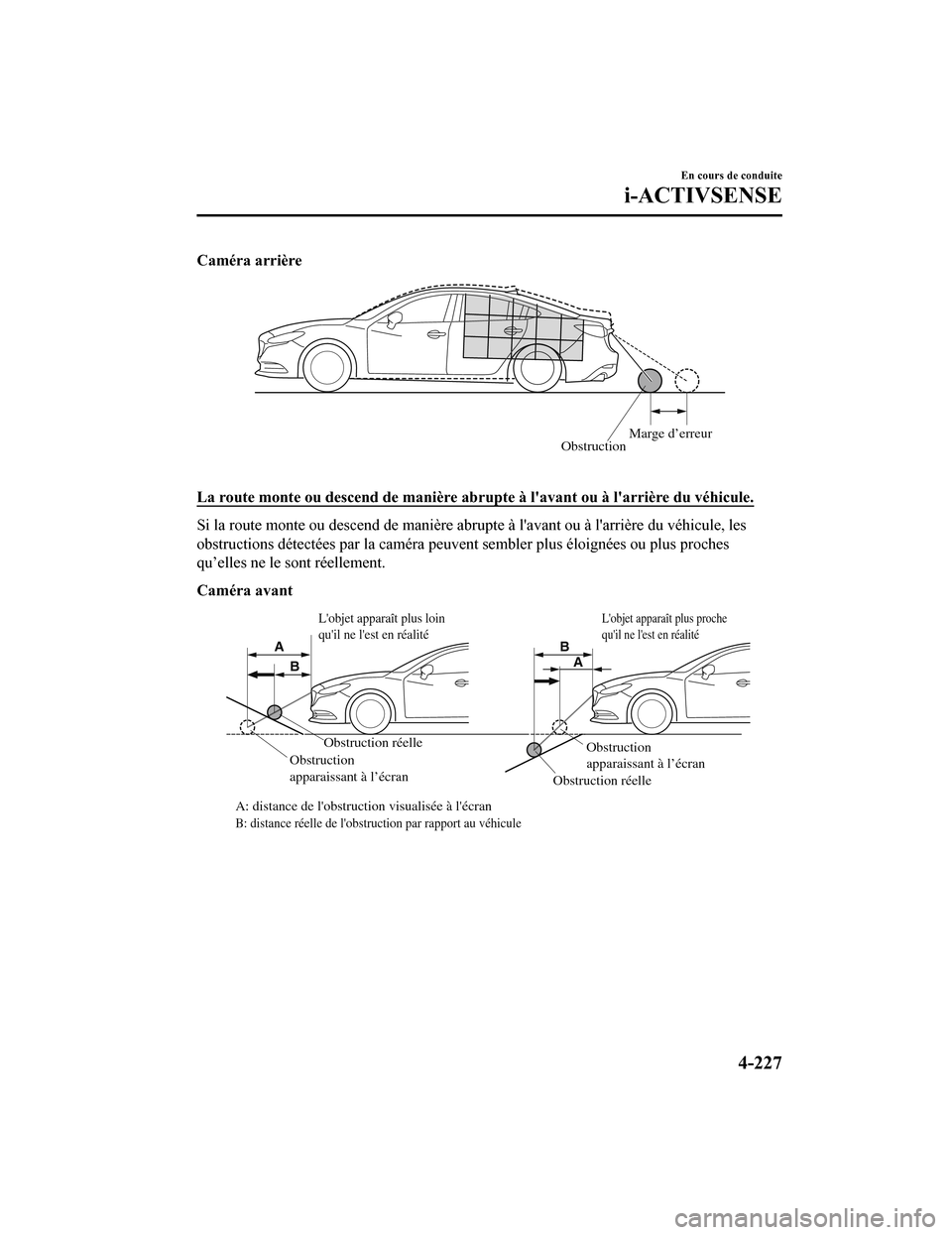 MAZDA MODEL 6 2020  Manuel du propriétaire (in French) Caméra arrière
ObstructionMarge d’erreur
 
La route monte ou descend de man
ière abrupte à lavant ou à larrière du véhicule.
Si la route monte ou descend de manière abrupte à lavant ou 
