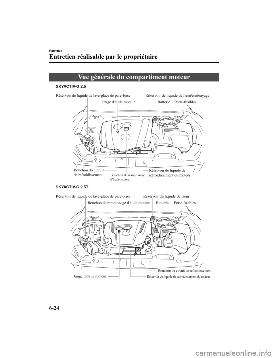 MAZDA MODEL 6 2020  Manuel du propriétaire (in French) Vue générale du compartiment moteur
Réservoir de liquide de lave-glace de pare-brise
Bouchon de remplissage dhuile moteur
Jauge dhuile moteur BatteriePorte-fusibles
Bouchon du circuit de refroidi