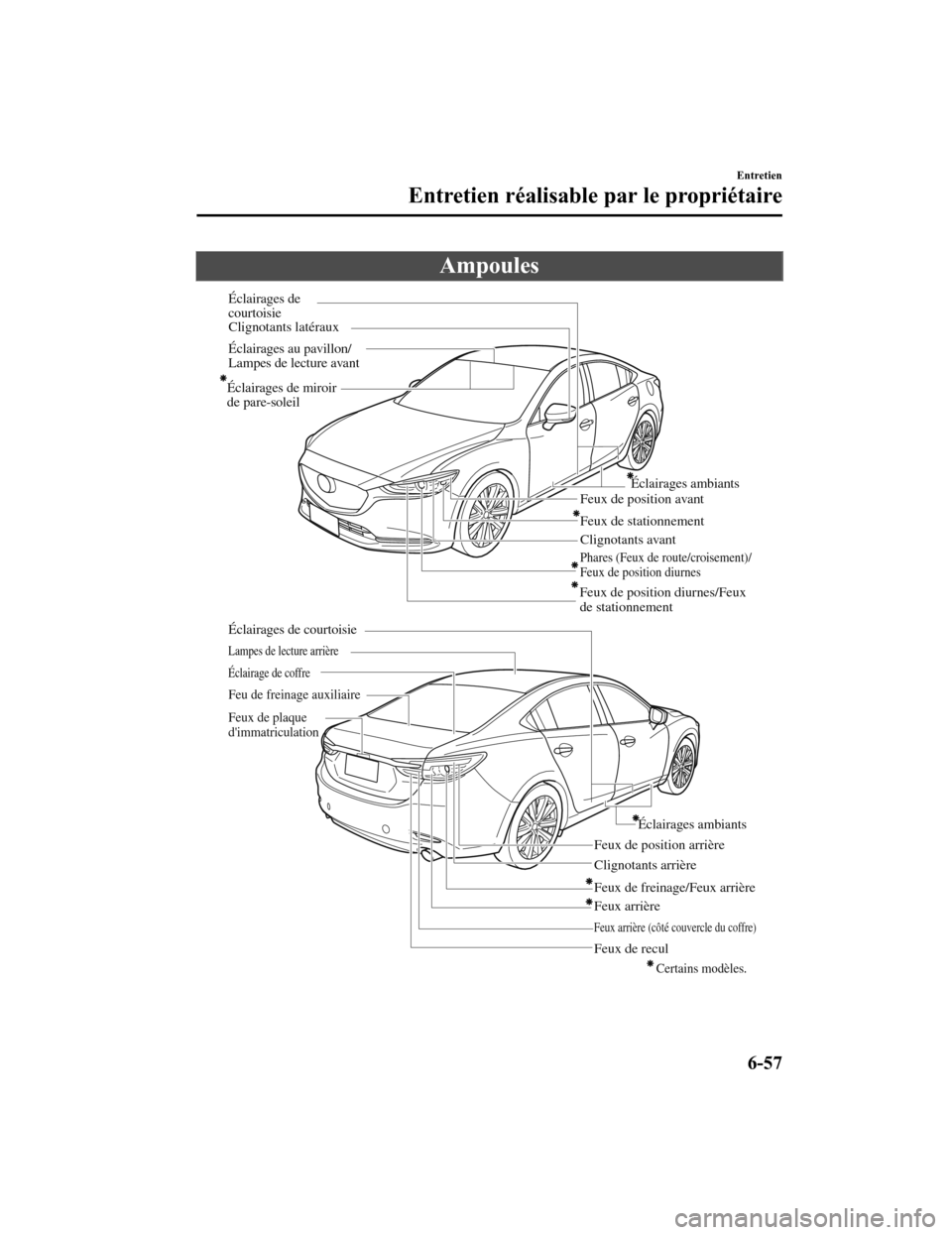 MAZDA MODEL 6 2020  Manuel du propriétaire (in French) Ampoules
Clignotants avant
Phares (Feux de route/croisement)/ 
Feux de position diurnes
Feux de stationnement
Éclairages au pavillon/ 
Lampes de lecture avant
Clignotants latéraux
Éclairages de 
co