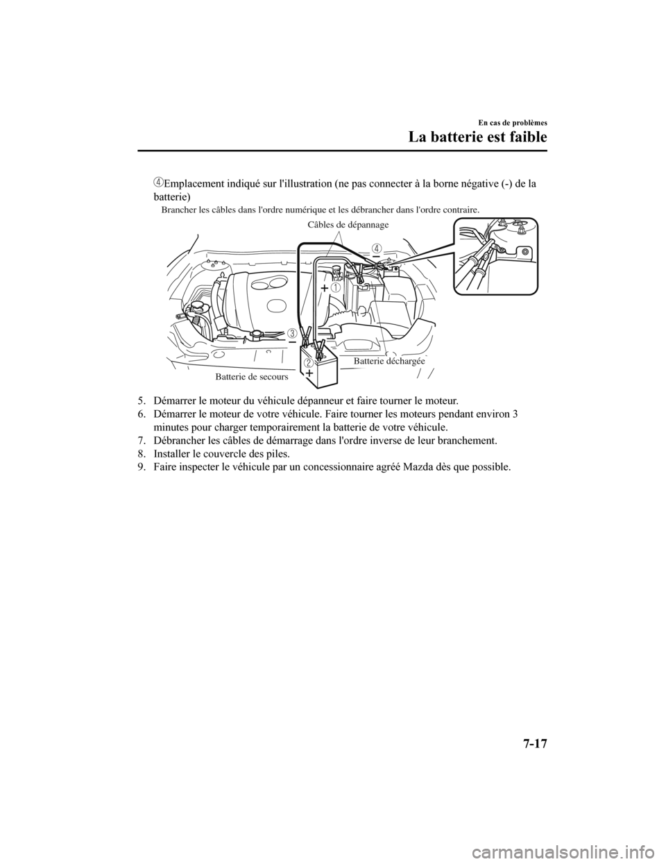 MAZDA MODEL 6 2020  Manuel du propriétaire (in French) Emplacement indiqué sur lillustration (ne pas connecter à la borne négative (-) de la
batterie)
Brancher les câbles dans lordre numérique et les débrancher da\
ns lordre contraire.
Câbles de