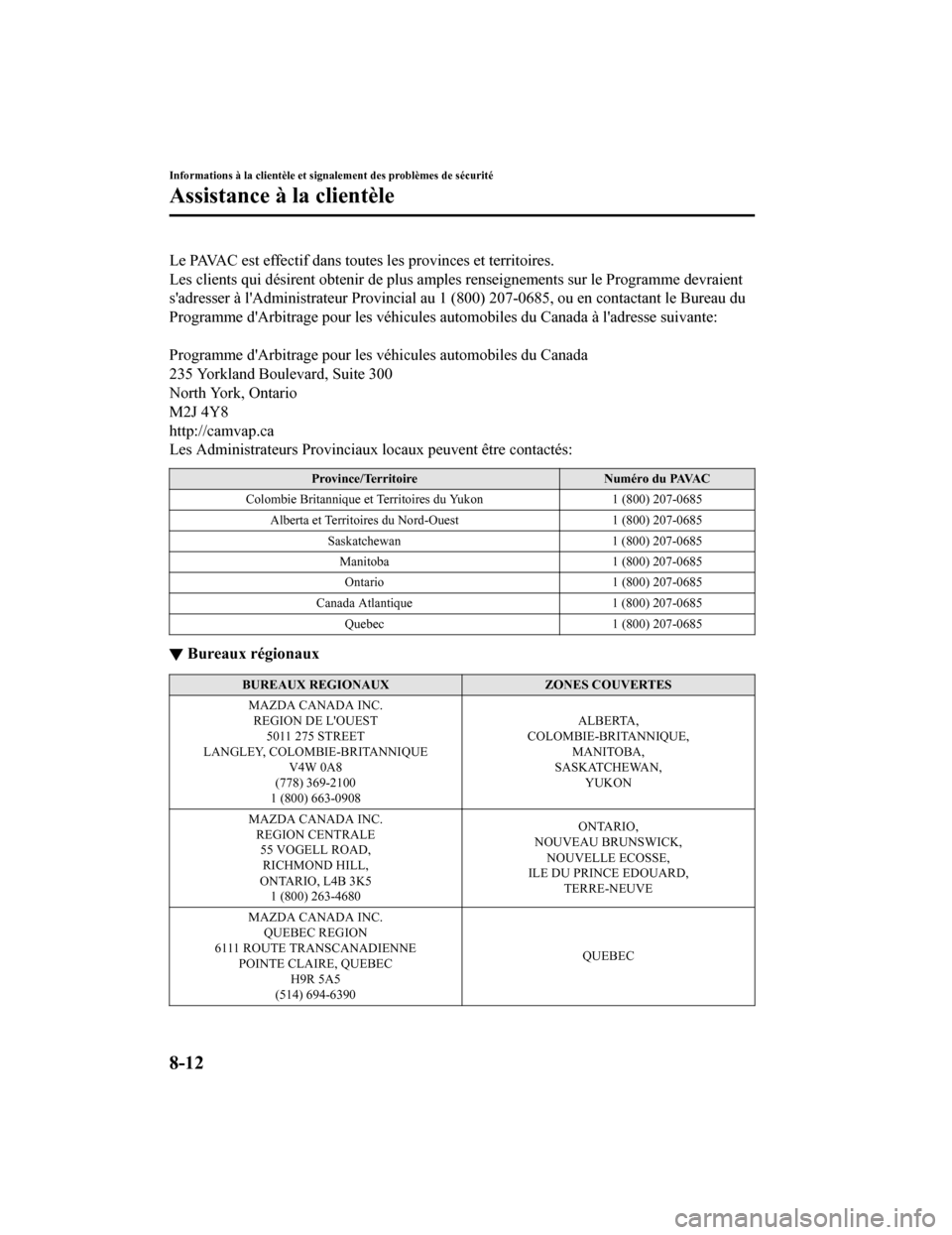 MAZDA MODEL 6 2020  Manuel du propriétaire (in French) Le PAVAC est effectif dans toutes les provinces et territoires.
Les clients qui désirent obtenir de plus amples renseignements sur le Programme devraient
sadresser à lAdministrateur  Provincial au
