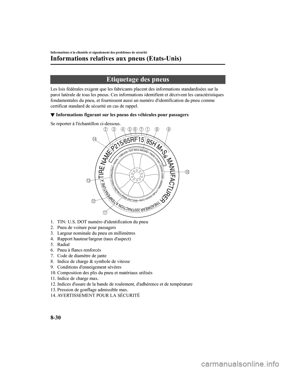 MAZDA MODEL 6 2020  Manuel du propriétaire (in French) Etiquetage des pneus
Les lois fédérales exigent que les fabricants placent des informations standardisées sur la
paroi latérale de tous les pneus . Ces informations identifient et décrivent les c