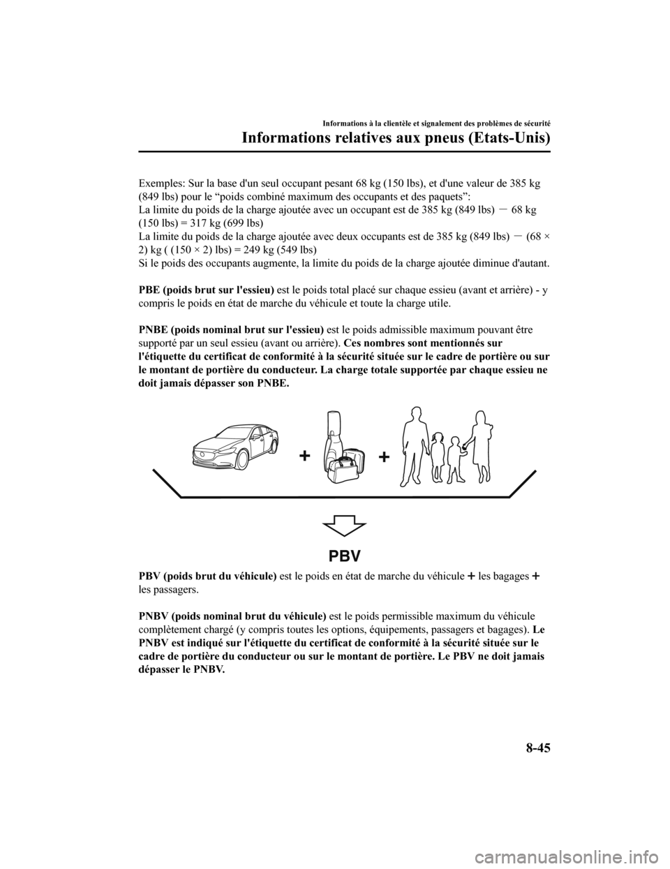 MAZDA MODEL 6 2020  Manuel du propriétaire (in French) Exemples: Sur la base dun seul occupant pesant 68 kg (150 lbs), et dune valeur de 385 kg
(849 lbs) pour le “poids combiné maximum des occupants et des p aquets”:
La limite du poids de la charge