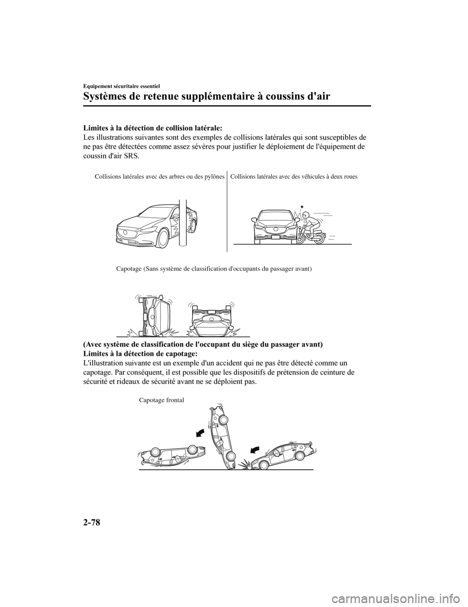 MAZDA MODEL 6 2020  Manuel du propriétaire (in French) Limites à la détection de collision latérale:
Les illustrations suivantes sont des exemples de collisions latérales qui sont susceptibles de
ne pas être détectées comme assez sévères pour jus