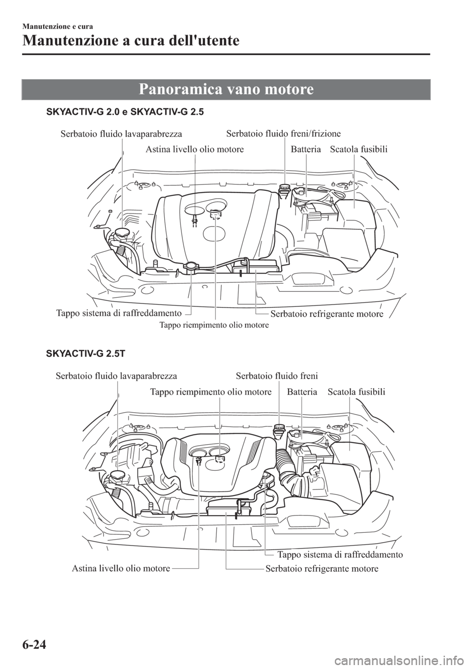 MAZDA MODEL 6 2019  Manuale del proprietario (in Italian)  �3�D�Q�R�U�D�P�L�F�D��Y�D�Q�R��P�R�W�R�U�H
Serbatoio fluido lavaparabrezza
Tappo riempimento olio motore
Astina livello olio motoreBatteriaScatola fusibili
Tappo sistema di raffreddamento
Serbatoio 