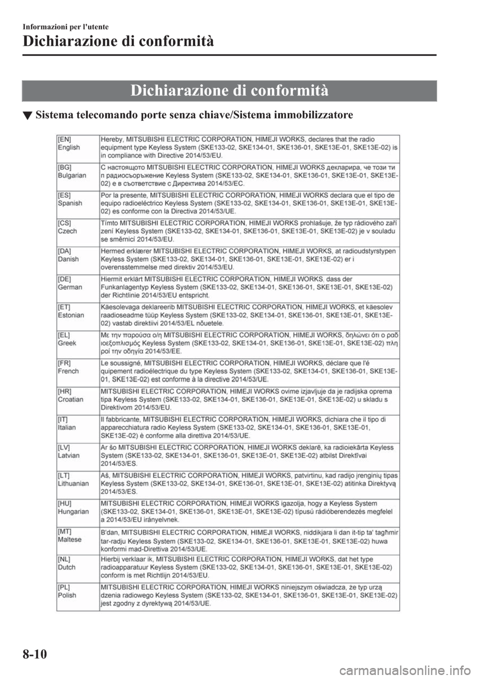 MAZDA MODEL 6 2019  Manuale del proprietario (in Italian)  ��L�F�K�L�D�U�D�]�L�R�Q�H��G�L��F�R�Q�I�R�U�P�L�W�j
▼�6�L�V�W�H�P�D��W�H�O�H�F�R�P�D�Q�G�R��S�R�U�W�H��V�H�Q�]�D��F�K�L�D�Y�H��6�L�V�W�H�P�D��L�P�P�R�E�L�O�L�]�]�D�W�R�U�H
�,�Q�I�R�U�P�D�]�