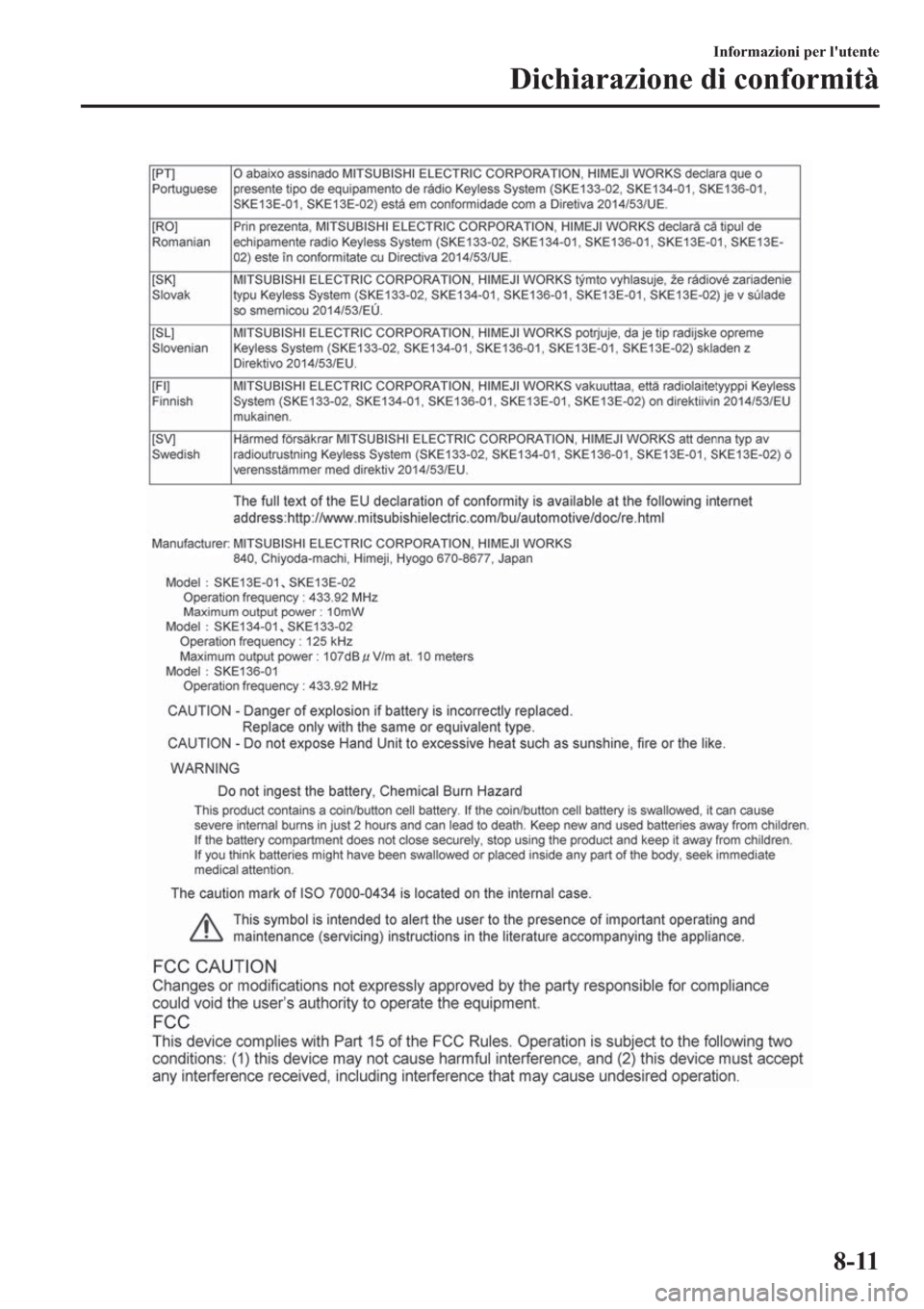 MAZDA MODEL 6 2019  Manuale del proprietario (in Italian)  �,�Q�I�R�U�P�D�]�L�R�Q�L��S�H�U��O�
�X�W�H�Q�W�H
��L�F�K�L�D�U�D�]�L�R�Q�H��G�L��F�R�Q�I�R�U�P�L�W�j
���� 