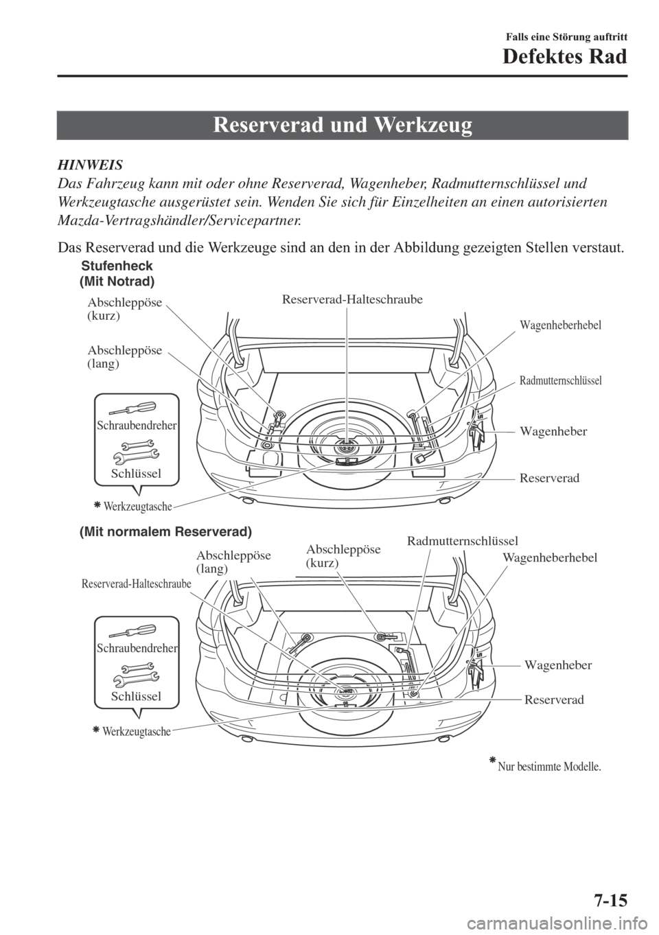 MAZDA MODEL 6 2018  Betriebsanleitung (in German) �5�H�V�H�U�Y�H�U�D�G��X�Q�G��:�H�U�N�]�H�X�J
HINWEIS
Das Fahrzeug kann mit oder ohne Reserverad, Wagenheber, Radmutternschlüssel und
Werkzeugtasche ausgerüstet sein. Wenden Sie sich für Einzelhei
