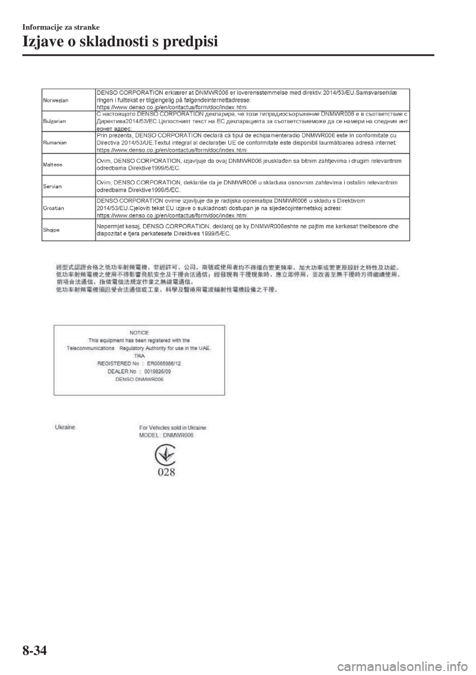 MAZDA MODEL 6 2018  Priročnik za lastnika (in Slovenian) Informacije za stranke
Izjave o skladnosti s predpisi
8-34 