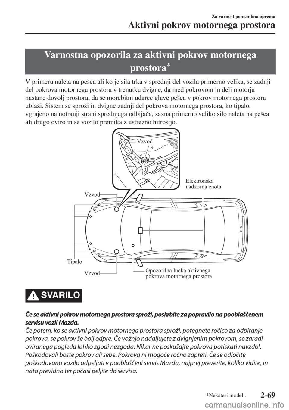 MAZDA MODEL 6 2018  Priročnik za lastnika (in Slovenian) Varnostna opozorila za aktivni pokrov motornega
prostora
*
V primeru naleta na pešca ali ko je sila trka v sprednji del vozila primerno velika, se zadnji
del pokrova motornega prostora v trenutku dvi