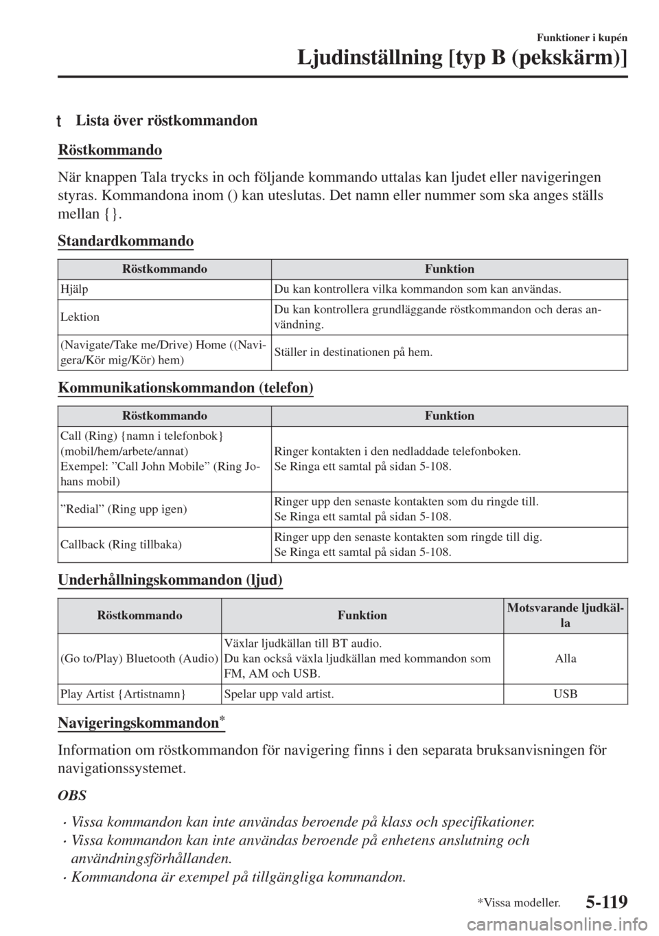 MAZDA MODEL 6 2018 Ägarmanual (in Swedish) tLista över röstkommandon
Röstkommando
När knappen Tala trycks in och följande kommando uttalas kan ljudet eller navigeringen
styras. Kommandona inom () kan uteslutas. Det namn eller nummer som s MAZDA MODEL 6 2018 Ägarmanual (in Swedish) tLista över röstkommandon
Röstkommando
När knappen Tala trycks in och följande kommando uttalas kan ljudet eller navigeringen
styras. Kommandona inom () kan uteslutas. Det namn eller nummer som s