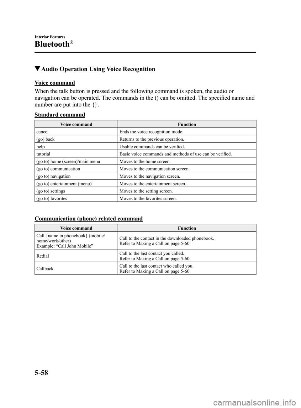 MAZDA MODEL 6 2017 Owners Manual (in English) 5–58
Interior Features
Bluetooth®
Audio Operation Using Voice Recognition
Voice command
When the talk button is pressed and the following command is spoken, the\
audio or
navigation can be opera MAZDA MODEL 6 2017 Owners Manual (in English) 5–58
Interior Features
Bluetooth®
Audio Operation Using Voice Recognition
Voice command
When the talk button is pressed and the following command is spoken, the\
audio or
navigation can be opera