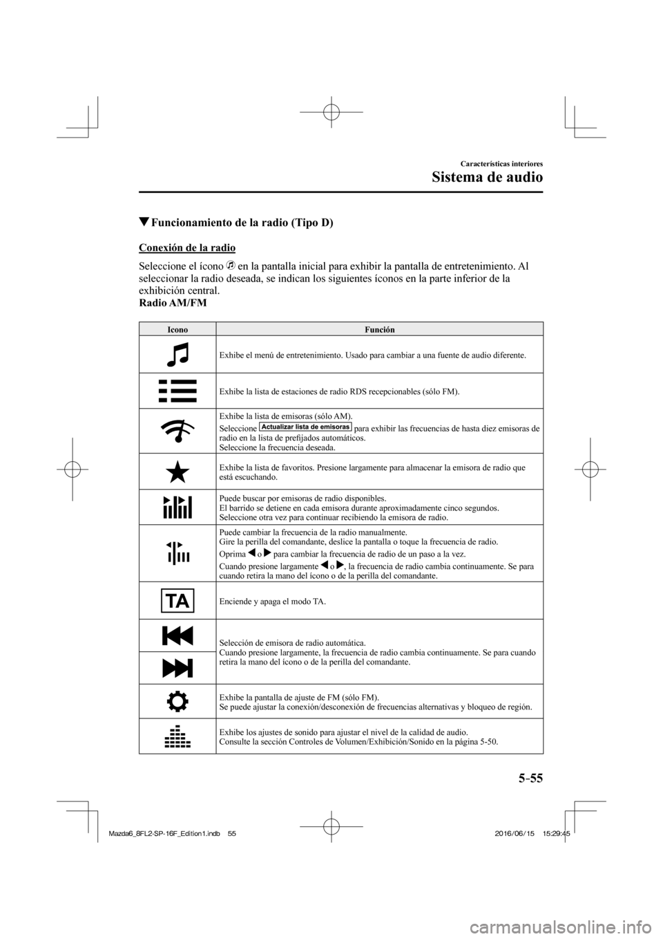 MAZDA MODEL 6 2017  Manual del propietario (in Spanish) 5–55
Características interiores
Sistema de audio
          Funcionamiento de la radio (Tipo D)
    Conexión  de  la  radio
    Seleccione  el  ícono   
  en la pantalla inicial para exhibir la pa