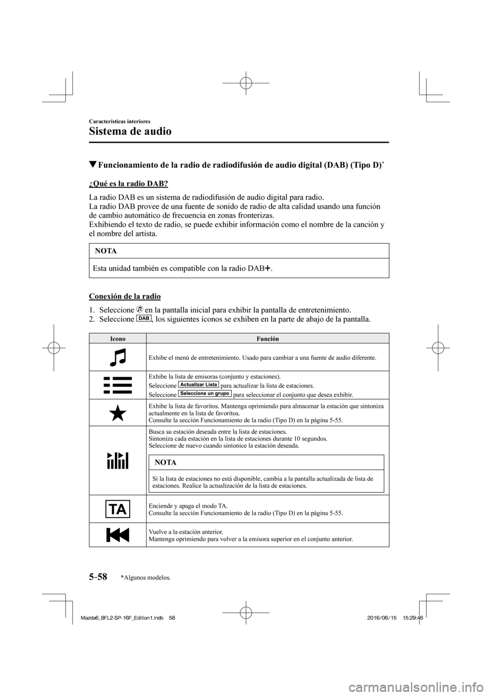MAZDA MODEL 6 2017  Manual del propietario (in Spanish) 5–58
Características interiores
Sistema de audio
*Algunos modelos.
            Funcionamiento de la radio de radiodifusión de audio digital (DAB) (Tipo D) * 
    ¿Qué  es  la  radio  DAB?
    La