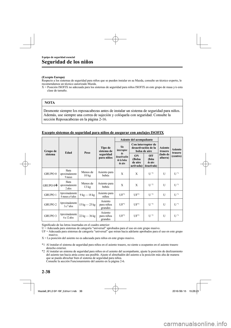 MAZDA MODEL 6 2017  Manual del propietario (in Spanish) 2–38
Equipo de seguridad esencial
Seguridad de los niños
    (Excepto Europa) 
  Respecto a los sistemas de seguridad para niños que se pueden instalar en su Mazda, consulte un técnico experto, l