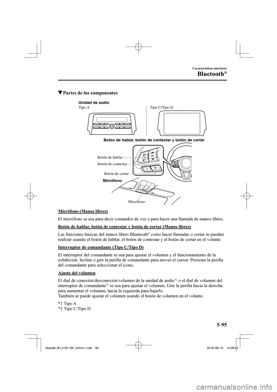 MAZDA MODEL 6 2017 Manual del propietario (in Spanish) 5–95
Características interiores
Bluetooth®
Partes de los componentes
Micrófono Botón de hablar, botón de contestar y botón de cortar
Micrófono Unidad de audio
Tipo ATipo C/Tipo D
MAZDA MODEL 6 2017 Manual del propietario (in Spanish) 5–95
Características interiores
Bluetooth®
Partes de los componentes
Micrófono Botón de hablar, botón de contestar y botón de cortar
Micrófono Unidad de audio
Tipo ATipo C/Tipo D