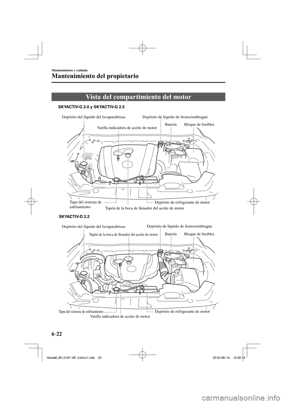 MAZDA MODEL 6 2017  Manual del propietario (in Spanish) 6–22
Mantenimiento y cuidado
Mantenimiento del propietario
 Vista del compartimiento del motor
             
Depósito del líquido del lavaparabrisas
Tapón de la boca de llenador del aceite de mot