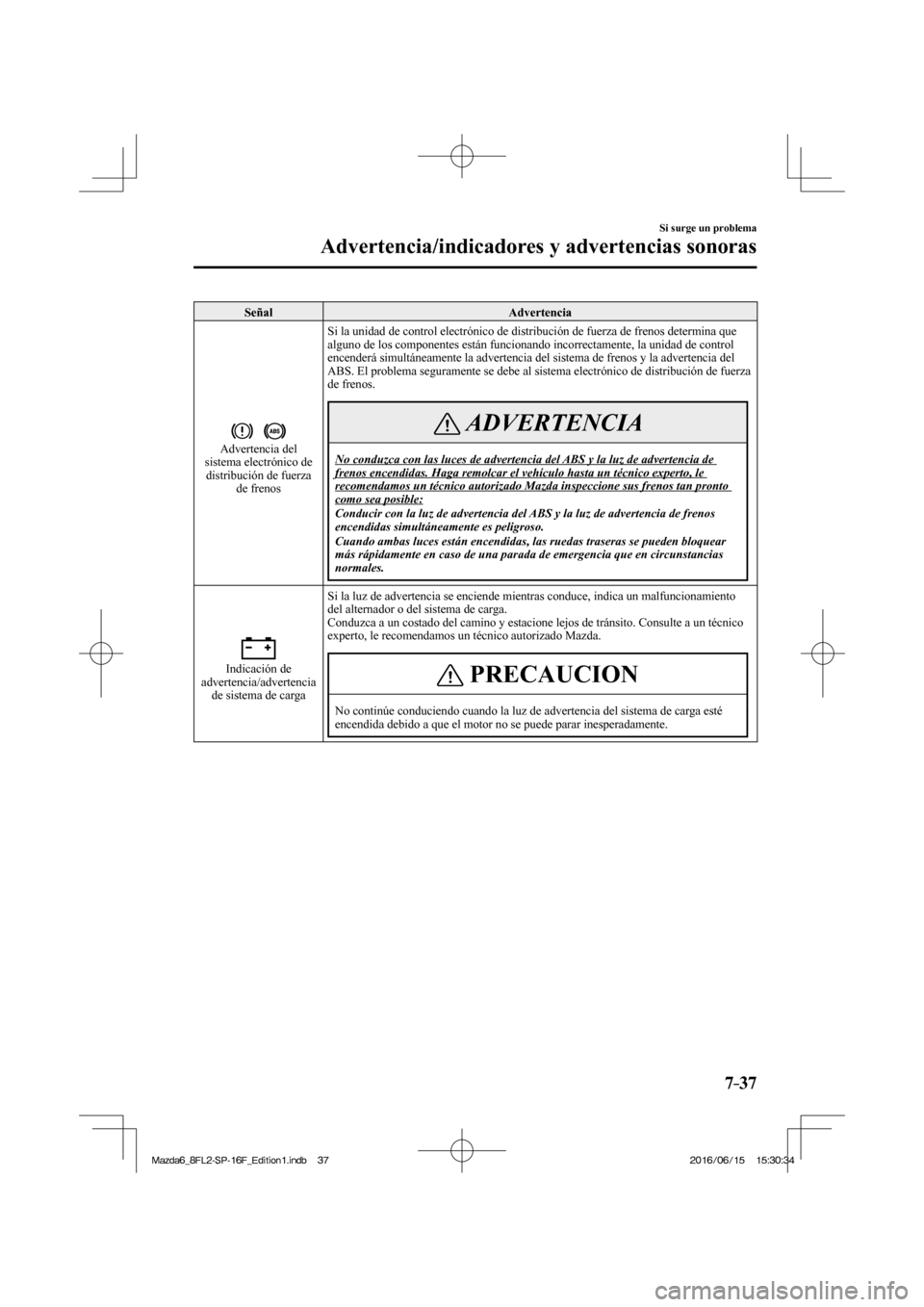 MAZDA MODEL 6 2017 Manual del propietario (in Spanish) 7–37
Si surge un problema
Advertencia/indicadores y advertencias sonoras
Señal Advertencia
Advertencia del
sistema electrónico de
distribución de fuerza
de frenos Si la unidad de co MAZDA MODEL 6 2017 Manual del propietario (in Spanish) 7–37
Si surge un problema
Advertencia/indicadores y advertencias sonoras
Señal Advertencia
Advertencia del
sistema electrónico de
distribución de fuerza
de frenos Si la unidad de co