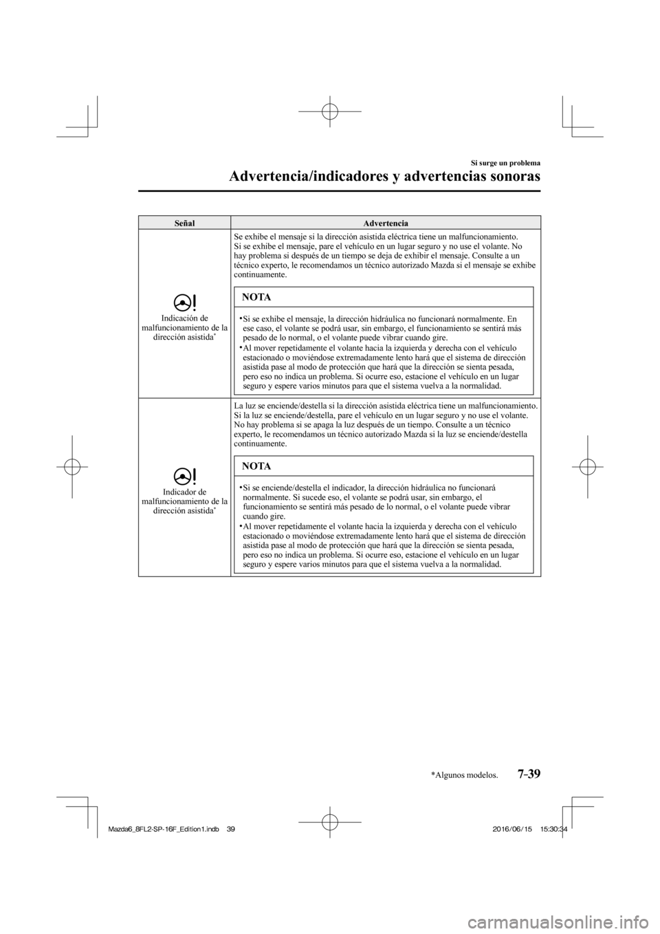 MAZDA MODEL 6 2017 Manual del propietario (in Spanish) 7–39
Si surge un problema
Advertencia/indicadores y advertencias sonoras
*Algunos modelos.
Señal Advertencia
Indicación de
malfuncionamiento de la
dirección asistida
* Se exhibe el MAZDA MODEL 6 2017 Manual del propietario (in Spanish) 7–39
Si surge un problema
Advertencia/indicadores y advertencias sonoras
*Algunos modelos.
Señal Advertencia
Indicación de
malfuncionamiento de la
dirección asistida
* Se exhibe el