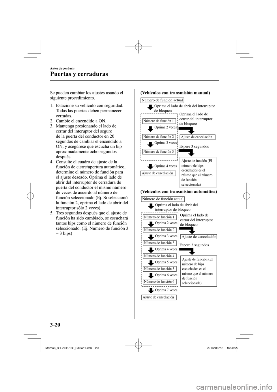 MAZDA MODEL 6 2017  Manual del propietario (in Spanish) 3–20
Antes de conducir
Puertas y cerraduras
  Se pueden cambiar los ajustes usando el 
siguiente procedimiento.
  
   1.   Estacione  su  vehículo  con  seguridad. 
Todas las puertas deben permanec