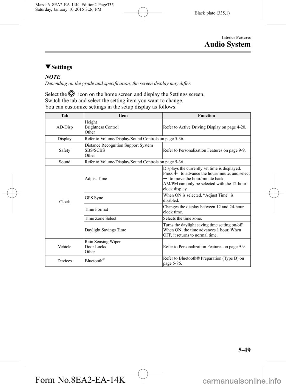 MAZDA MODEL 6 2016  Owners Manual (in English) Black plate (335,1)
qSettings
NOTE
Depending on the grade and specification, the screen display may differ.
Select theicon on the home screen and display the Settings screen.
Switch the tab and select