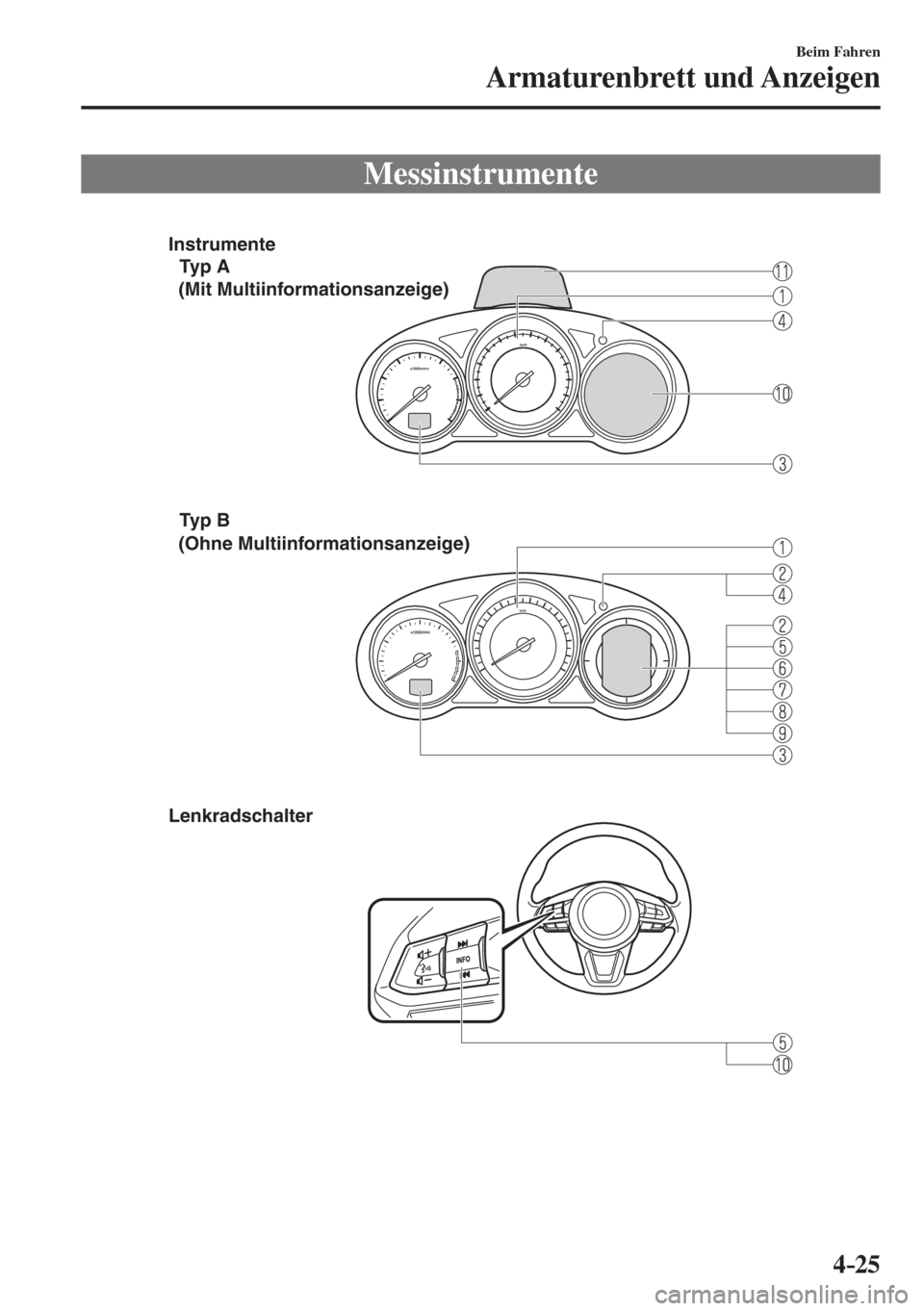 MAZDA MODEL 6 2016  Betriebsanleitung (in German) 4–25
Beim Fahren
Armaturenbrett und Anzeigen
              M e s s i n s t r u m e n t e
              
 
Instrumente
Typ A
Typ B
Lenkradschalter
(Mit Multiinformationsanzeige)
(Ohne Multiinformatio