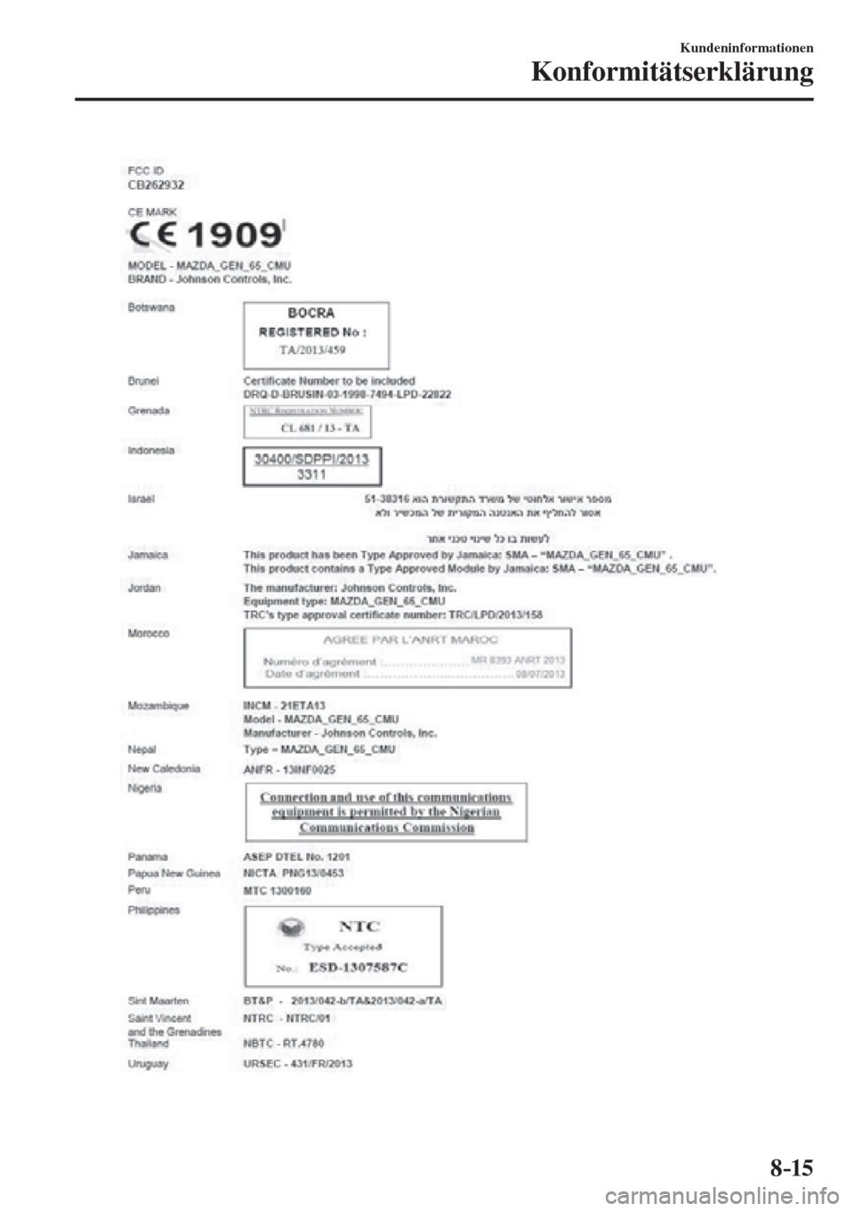 MAZDA MODEL 6 2016  Betriebsanleitung (in German) 8–15
Kundeninformationen
Konformitätserklärung
  
��������������������� 