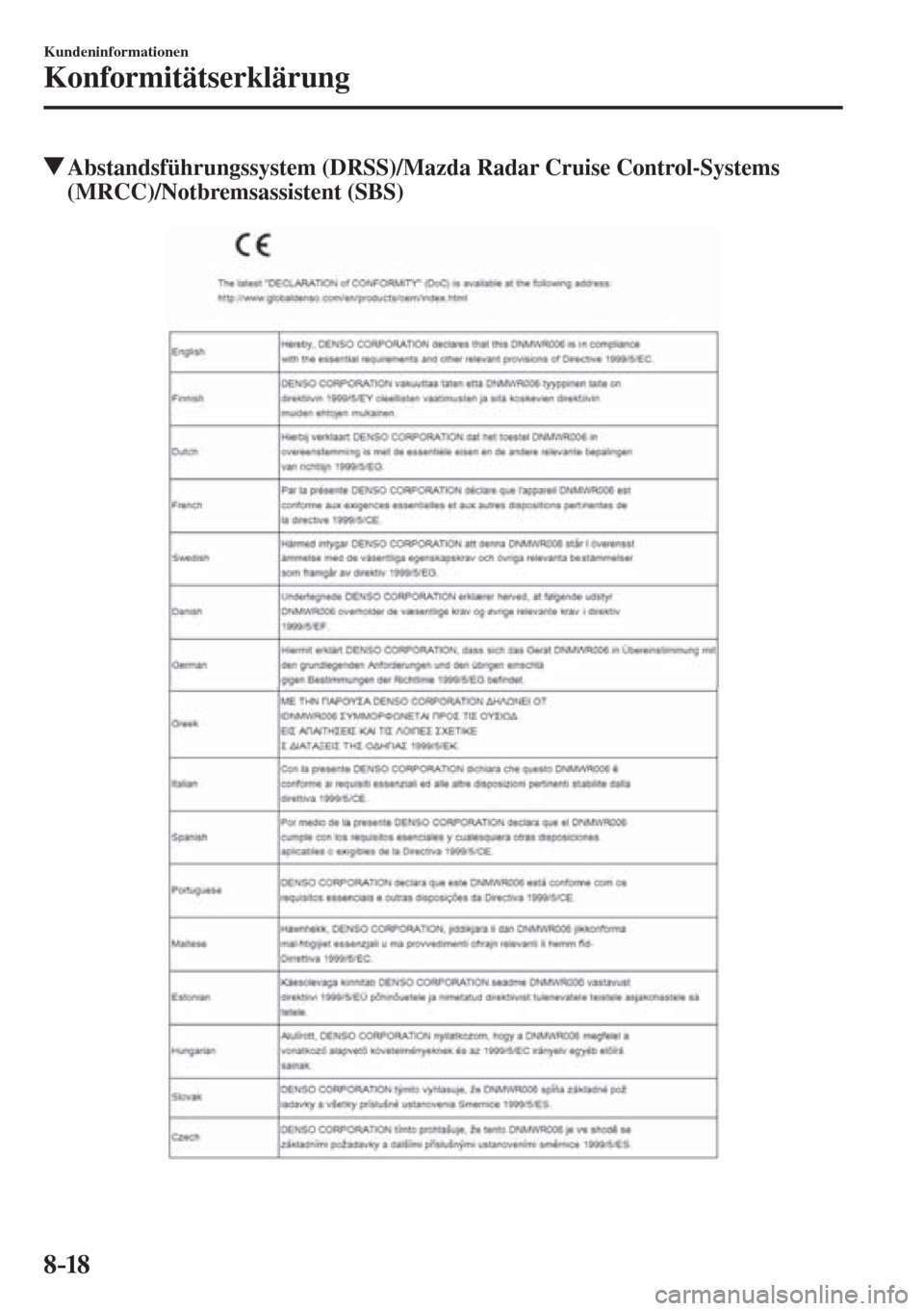 MAZDA MODEL 6 2016  Betriebsanleitung (in German) 8–18
Kundeninformationen
Konformitätserklärung
          Abstandsführungssystem (DRSS)/Mazda Radar Cruise Control-Systems 
(MRCC)/Notbremsassistent (SBS)
    
������������������
