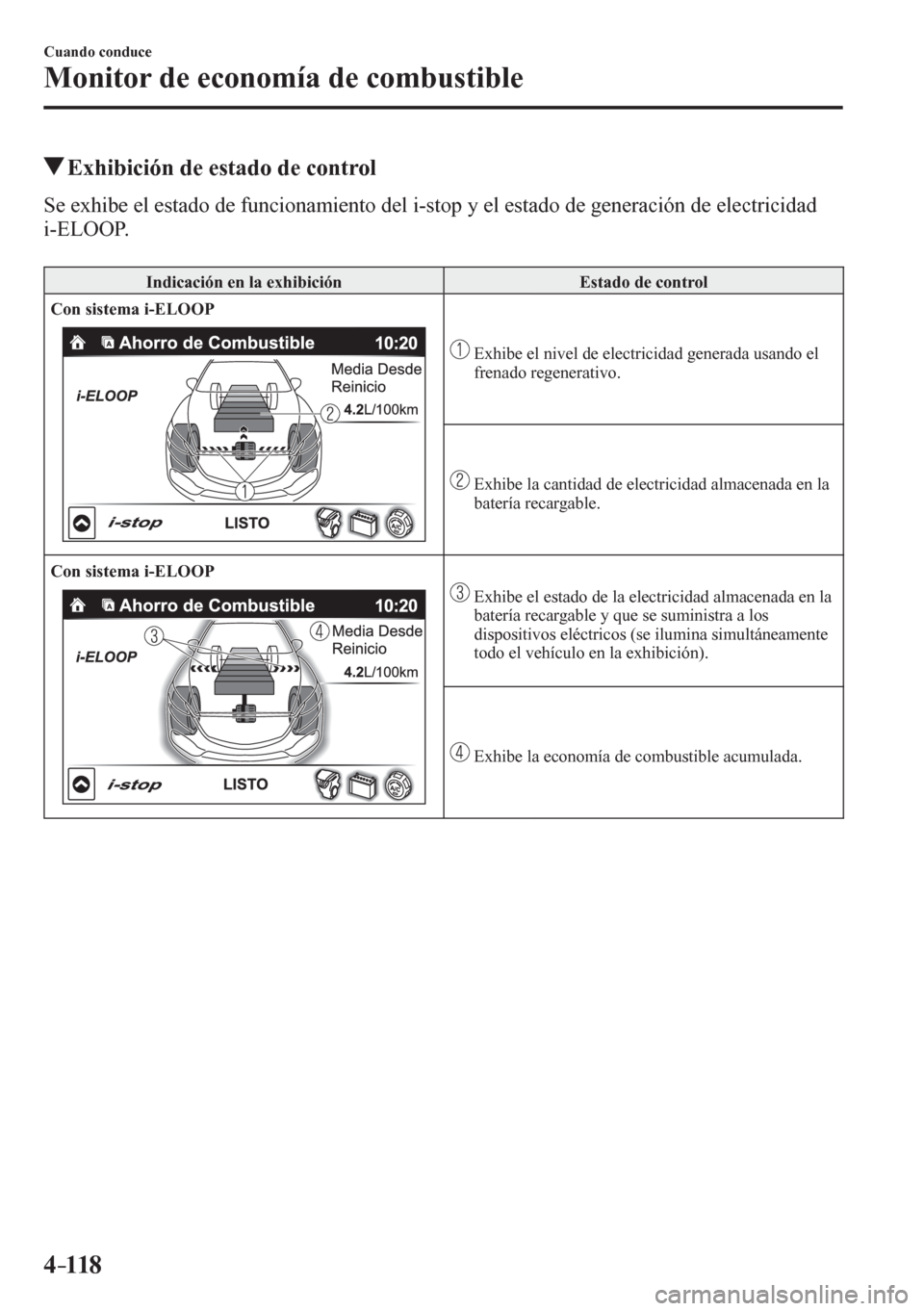 MAZDA MODEL 6 2016  Manual del propietario (in Spanish) 4–118
Cuando conduce
Monitor de economía de combustible
 Exhibición de estado de control
              S e   e x h i b e   e l   e s t a d o   d e  <0049005800510046004c0052005100440050004c0048005