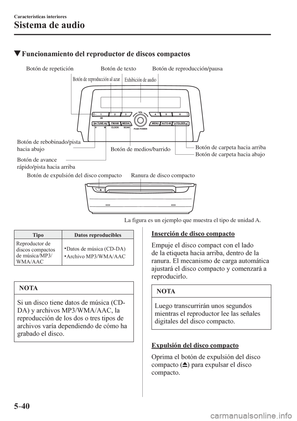 MAZDA MODEL 6 2016 Manual del propietario (in Spanish) 5–40
Características interiores
Sistema de audio
Funcionamiento del reproductor de discos compactos
Botón de expulsión del disco compacto Ranura de disco compacto Botón de rebobinado/pista
hac MAZDA MODEL 6 2016 Manual del propietario (in Spanish) 5–40
Características interiores
Sistema de audio
Funcionamiento del reproductor de discos compactos
Botón de expulsión del disco compacto Ranura de disco compacto Botón de rebobinado/pista
hac