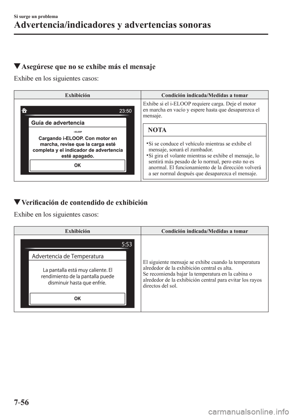 MAZDA MODEL 6 2016 Manual del propietario (in Spanish) 7–56
Si surge un problema
Advertencia/indicadores y advertencias sonoras
Asegúrese que no se exhibe más el mensaje
E x h i b e e n l o s s i g u i e n t e s c a s o s :
Exhibición MAZDA MODEL 6 2016 Manual del propietario (in Spanish) 7–56
Si surge un problema
Advertencia/indicadores y advertencias sonoras
Asegúrese que no se exhibe más el mensaje
E x h i b e e n l o s s i g u i e n t e s c a s o s :
Exhibición