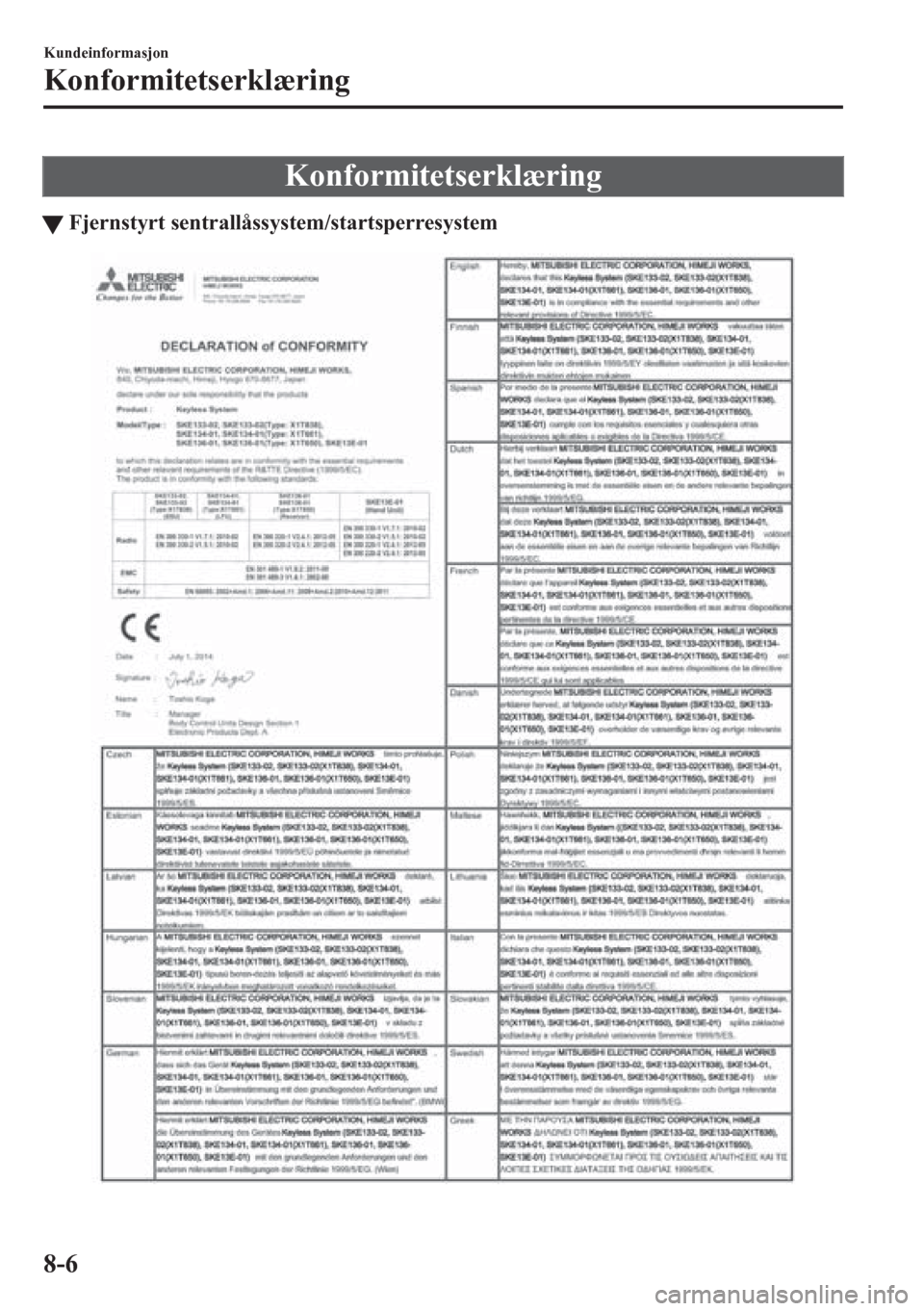 MAZDA MODEL 6 2016  Brukerhåndbok (in Norwegian) Konformitetserklæring
tFjernstyrt sentrallåssystem/startsperresystem
Kundeinformasjon
Konformitetserklæring
8-6 